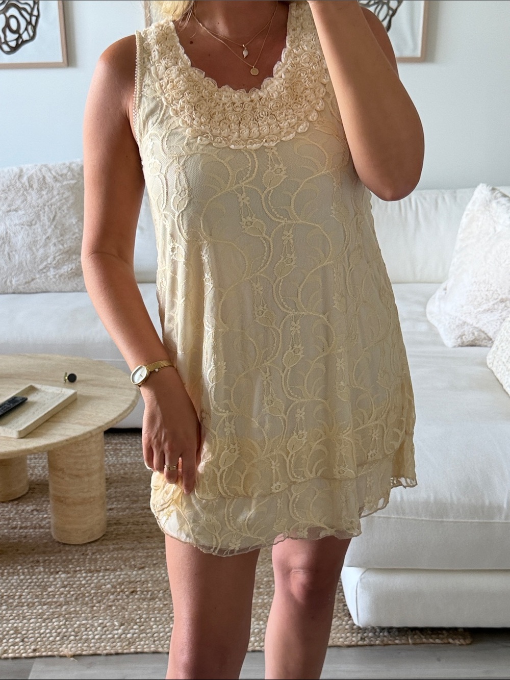 Pretty Angel Fashion Cream Lace Floral Yoke Sleeveless Dress